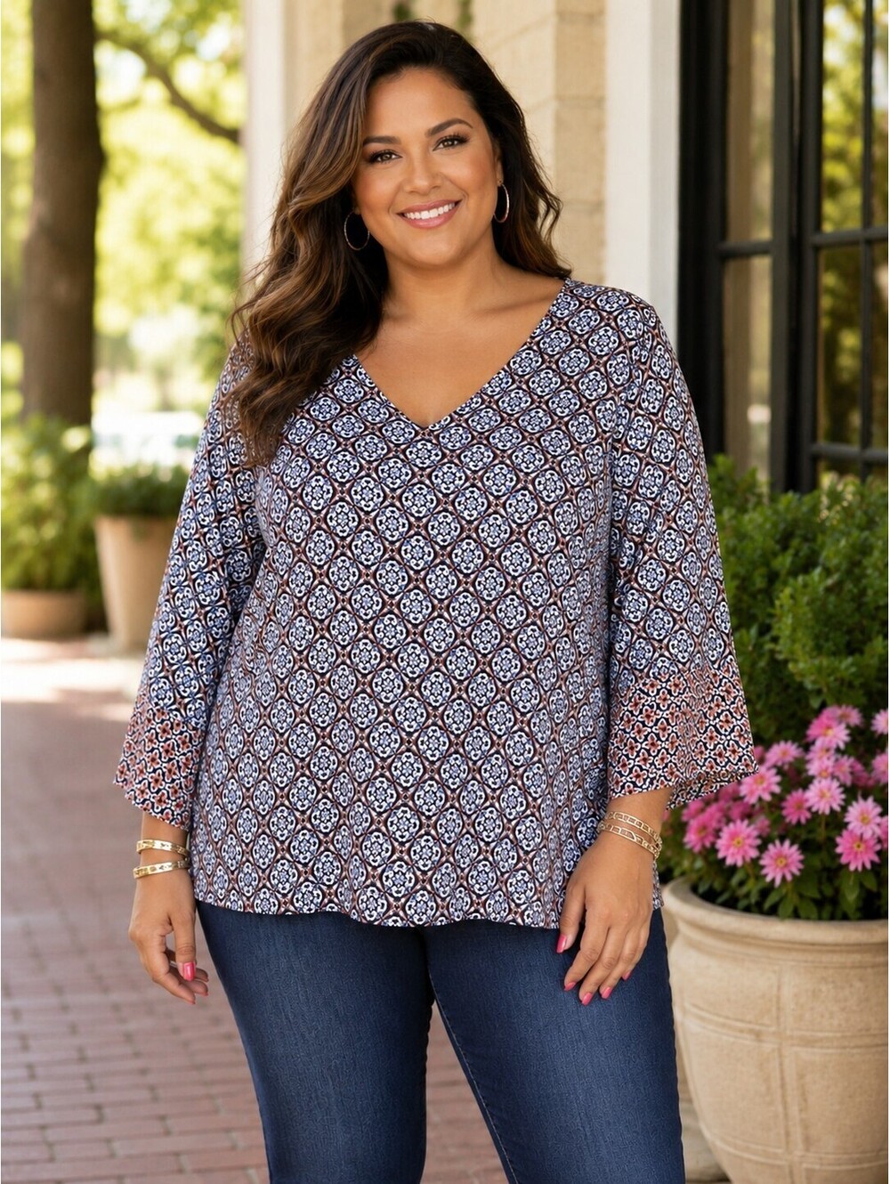 J. Jill Women's 2X Medallion Print Blue/Salmon/White Boho V-Neck Soft Knit Tunic
